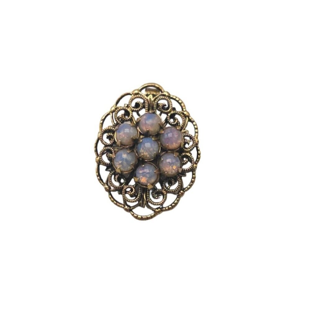 Faux Opal Cabochon Filigree Brooch Pin Gold Tone Vintage